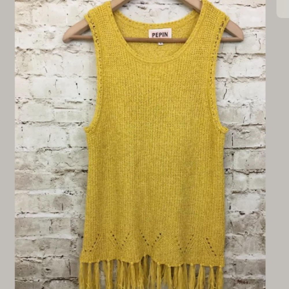 Pepin Anthro Women Yellow Pullover Sweater Fringe